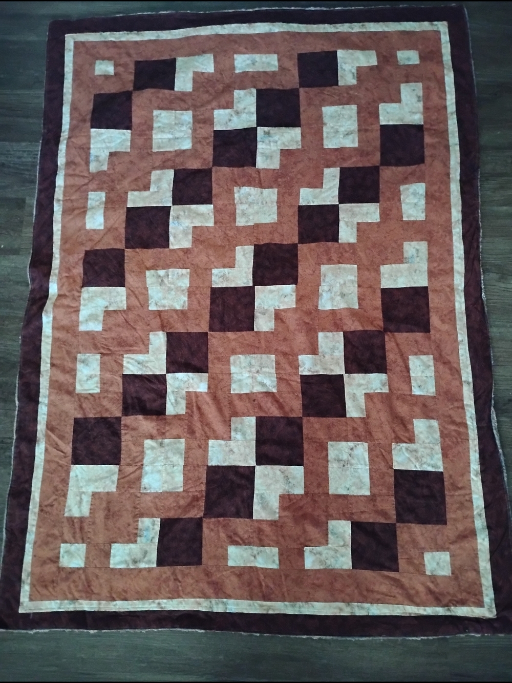 Handmade Brown & Cream Patchwork Quilt Crib Blanket/Throw Faux Fur Back. Cottage